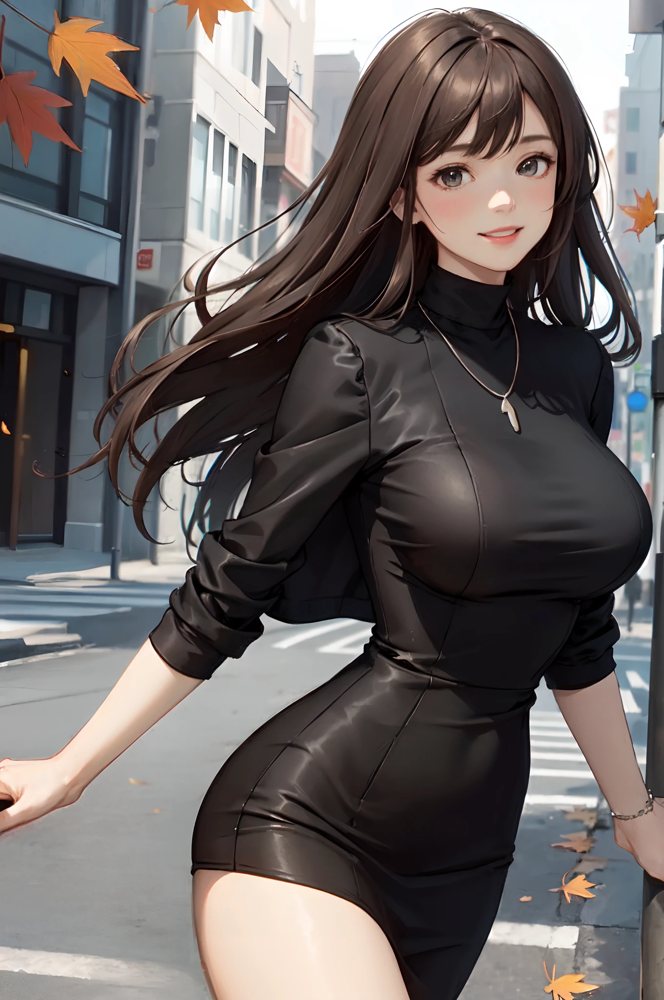 1lady standing, mature female, /(pencil dress/) /(black dress/) necklace, /(jacket on shoulder/), /(brown hair/) bangs, blush kind smile, (masterpiece best quality:1.2) delicate illustration ultra-detailed, large breast, arms down BREAK /(streets of Canada/), maple fallen leaves, detailed background