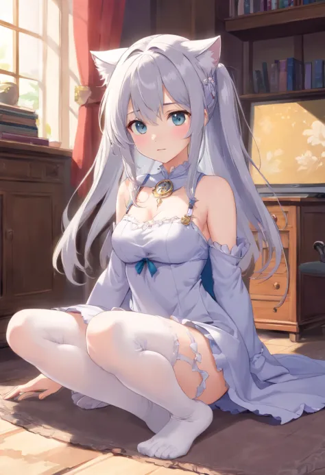 masutepiece，Long grey hair，Full limbs，teens girl，The face is delicate，white color hair，double ponytail curls，blue color eyes，White Lolita，Long-range shots，white stockings，There are cat ears on the head, robe blanche， silber hair, Cute anime waifu in a nice...