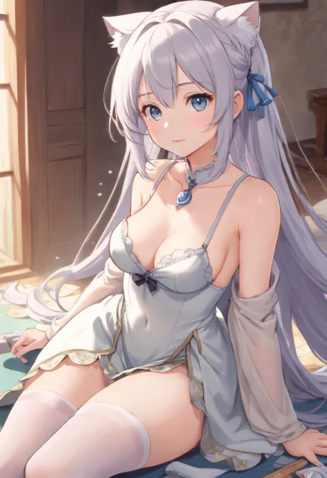 masutepiece，Long grey hair，Full limbs，teens girl，The face is delicate，white color hair，double ponytail curls，blue color eyes，White Lolita，Long-range shots，white stockings，There are cat ears on the head, robe blanche， silber hair, Cute anime waifu in a nice...