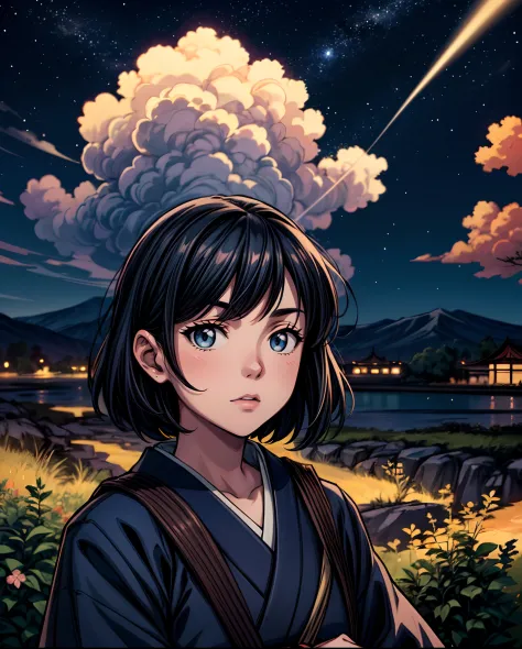 A mesmerizing Comic Strip in a 1.8 aspect ratio, set against a Japan-themed backdrop beneath a starry night sky. The narrative u...