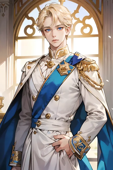1boy, young male, Perfect male body,Eyes look at the camera, (prince, White royal costume, with short golden hair, Blue eyes, Sad expression),forehead,Ray tracing,Portrait, half body,castle