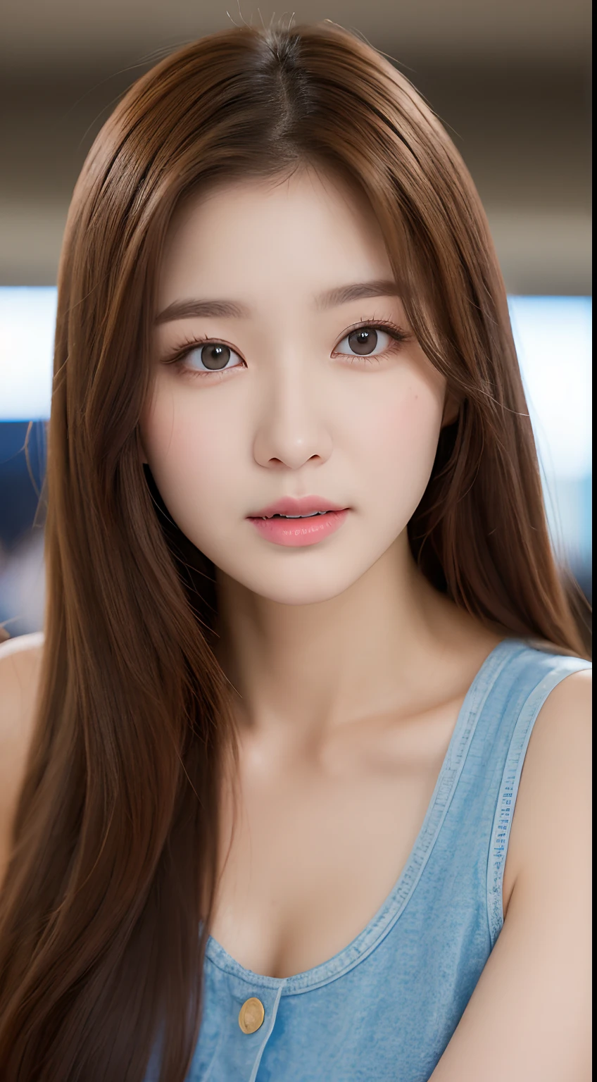 Realistic photos of (1 cute Korean star) brown hair over one eye, thin makeup, 32 inch breasts size, wearing sleeveless shirt, sitting in airport's cafe, close-up portrait, UHD