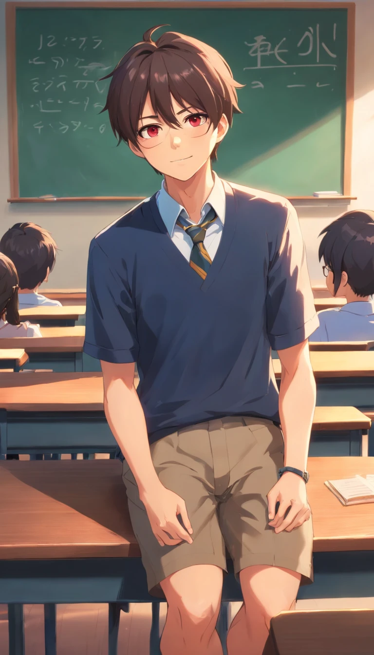 Anime boy in school uniform standing in front of a classroom - SeaArt AI