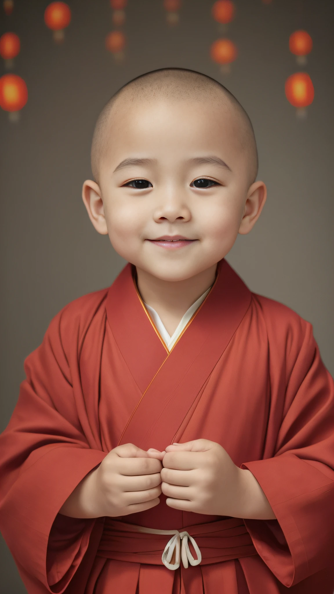 Close-up of a bald child in a robe, lovely digital painting, monk clothes, high quality portrait, ancient japanese monk, buddhist monk, portrait of monk, Buddhist, monk, wears long red robe, cute portrait, Portrait shooting, 2 1 st century monk, dressed in simple robes, Cute boy, Innocent smile, Chinese traditional, Yan, wearing a long flowing robe，(((There are a lot of Chinese lanterns in the background)))