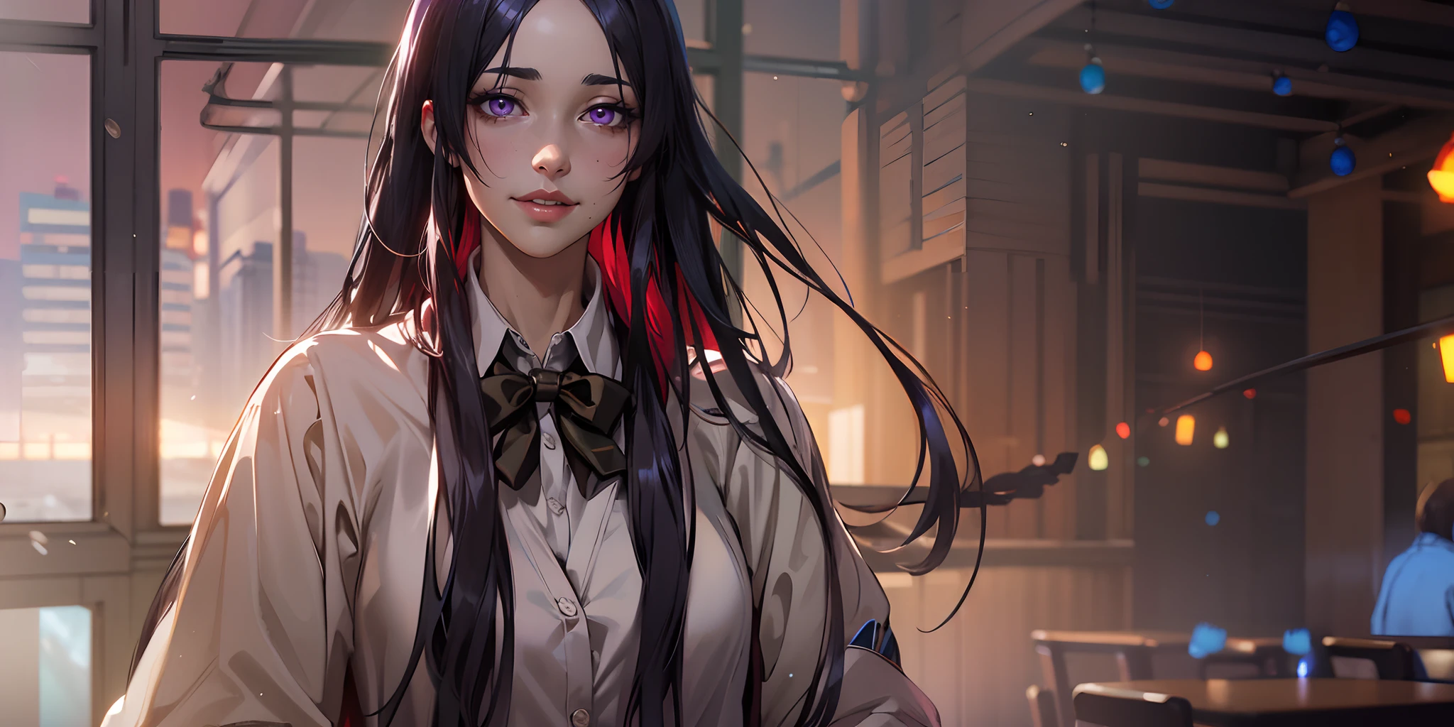 (dark-puprle hair, long hair:1.6), purple eyes,1girl, solo, cardigan, bow, smile, shirt, brown_hair, bowtie, white_shirt, school_uniform, brown_eyes, upper_body, looking_at_viewer, bangs, indoors, closed_mouth, collared_shirt, black_neckwear, blush, long_sleeves, eyebrows_visible_through_hair, glow effects, godrays, Hand drawn, render, 8k, octane render, cinema 4d, blender, dark, atmospheric 4k ultra detailed, cinematic, Sharp focus, big depth of field, Masterpiece, colors, 3d octane render, 4k, concept art, trending on artstation, hyperrealistic, Vivid colors, extremely detailed CG unity 8k wallpaper, trending on CGSociety, Intricate, High Detail, dramatic, glowing eyes, large breasts,