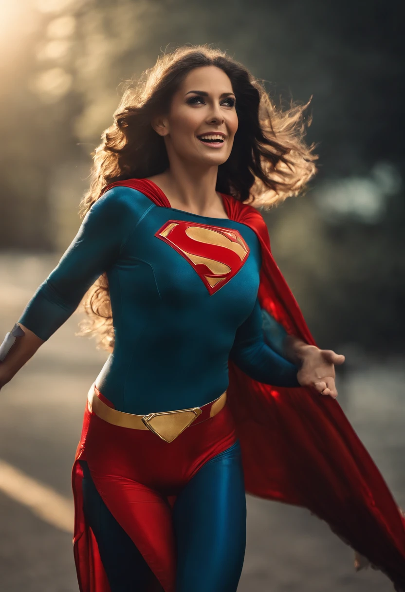 A woman in a superman costume running down a street - SeaArt AI