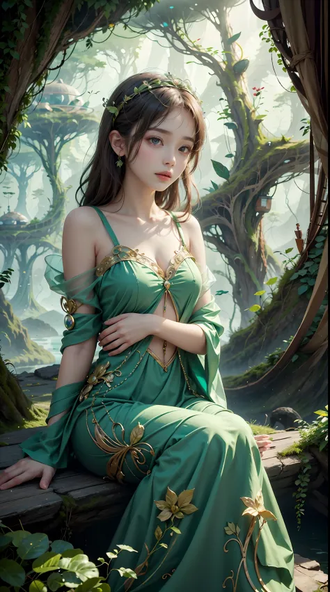1 20-year-old girl, fairy princess, green clothes, nature clothes, nature panorama, sweet, beauty gril, twin sister.