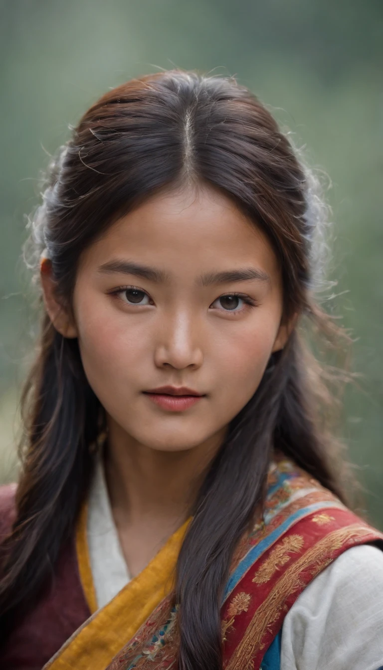 Tibetan cute girl,Tibetan snow ，1970's，White smoke，Full of movement ，hasselblatt，National Geographic photo，Semi-body shot, high-quality photo