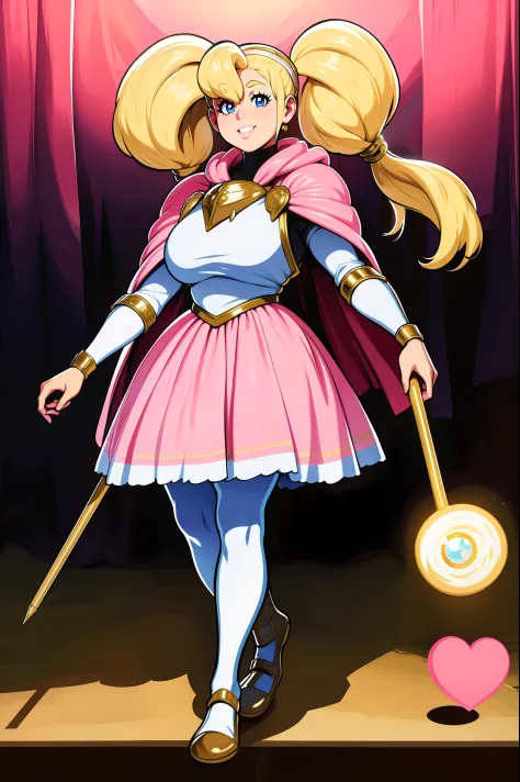 skirt vest, pantyhose, twintail, long hair, blond hair, knight, medium breast,honey lucmore,blue eyes,, walking, staff holding, cape,smile, 1character, 1girl, walking, magical girl,, solo focus, one character,pink lips, palading armor, knight, pink lipstic...