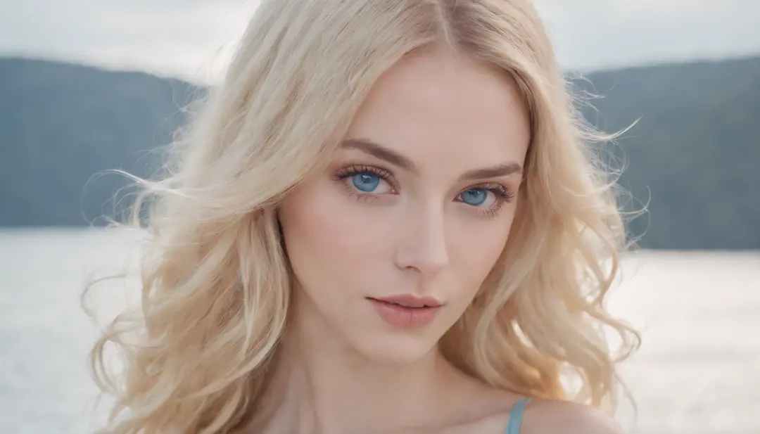 Voluminous and abundant blonde hair, Blonde woman with blue eyes and bust pose, Wear a hot bikini., full body photograph, Pale bluish skin, Songs inspired by Ana de Armas, ethereal beauty, color portrait, Beautiful pale makeup, Pale blue eyes, Pastel Blue ...