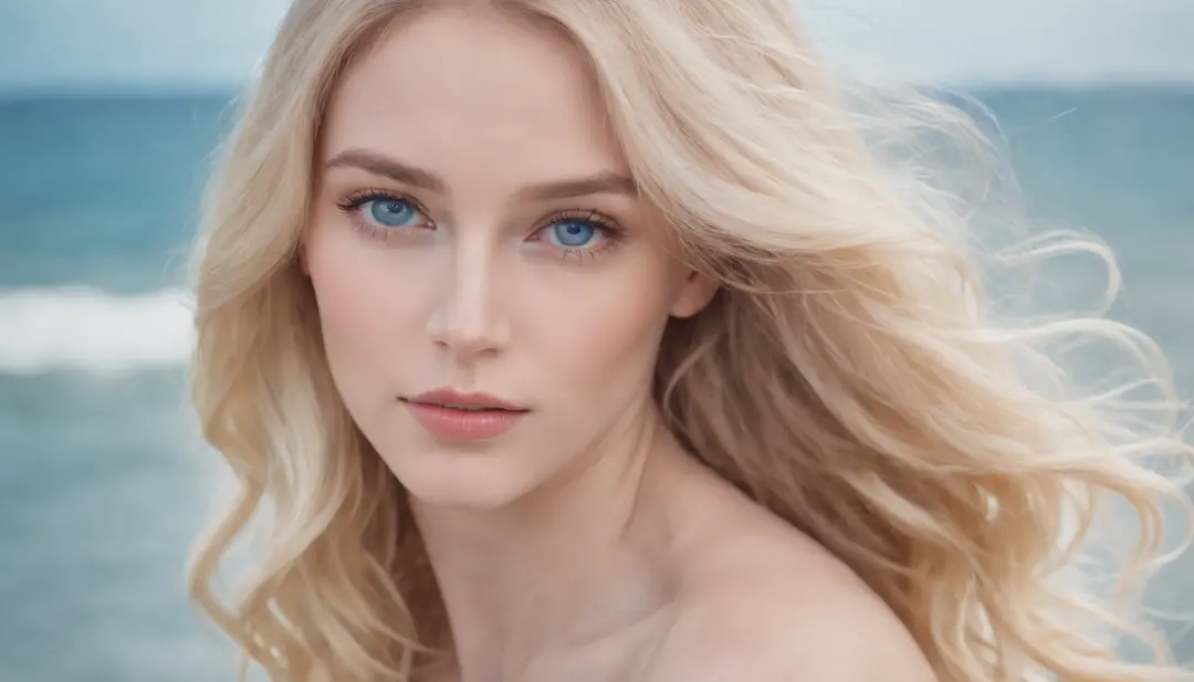 Voluminous and abundant blonde hair, Blonde woman with blue eyes and bust pose, Wear a hot bikini., full body photograph, Pale bluish skin, Songs inspired by Ana de Armas, ethereal beauty, color portrait, Beautiful pale makeup, Pale blue eyes, Pastel Blue ...