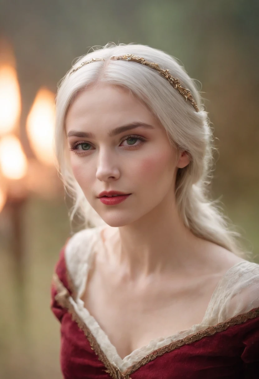 (((a deep reddish wound crosses her left cheek))),((Busty)), fair complexion, woman around 19 years old, natural white hair, distinctive green eyes, wearing kohl, slender and graceful, beautiful, candlelight in a medieval setting, ultra sharp focus, realistic shot, medieval female clothes, tetradic colors (scar:1.4)