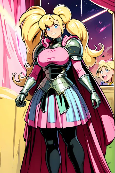 skirt vest, pantyhose, twintail, long hair, blond hair, knight, medium breast,honey lucmore,blue eyes,, walking, staff holding, cape,smile, 1character, 1girl, walking, magical girl,, solo focus, one character,pink lips, palading armor, knight, pink lipstic...