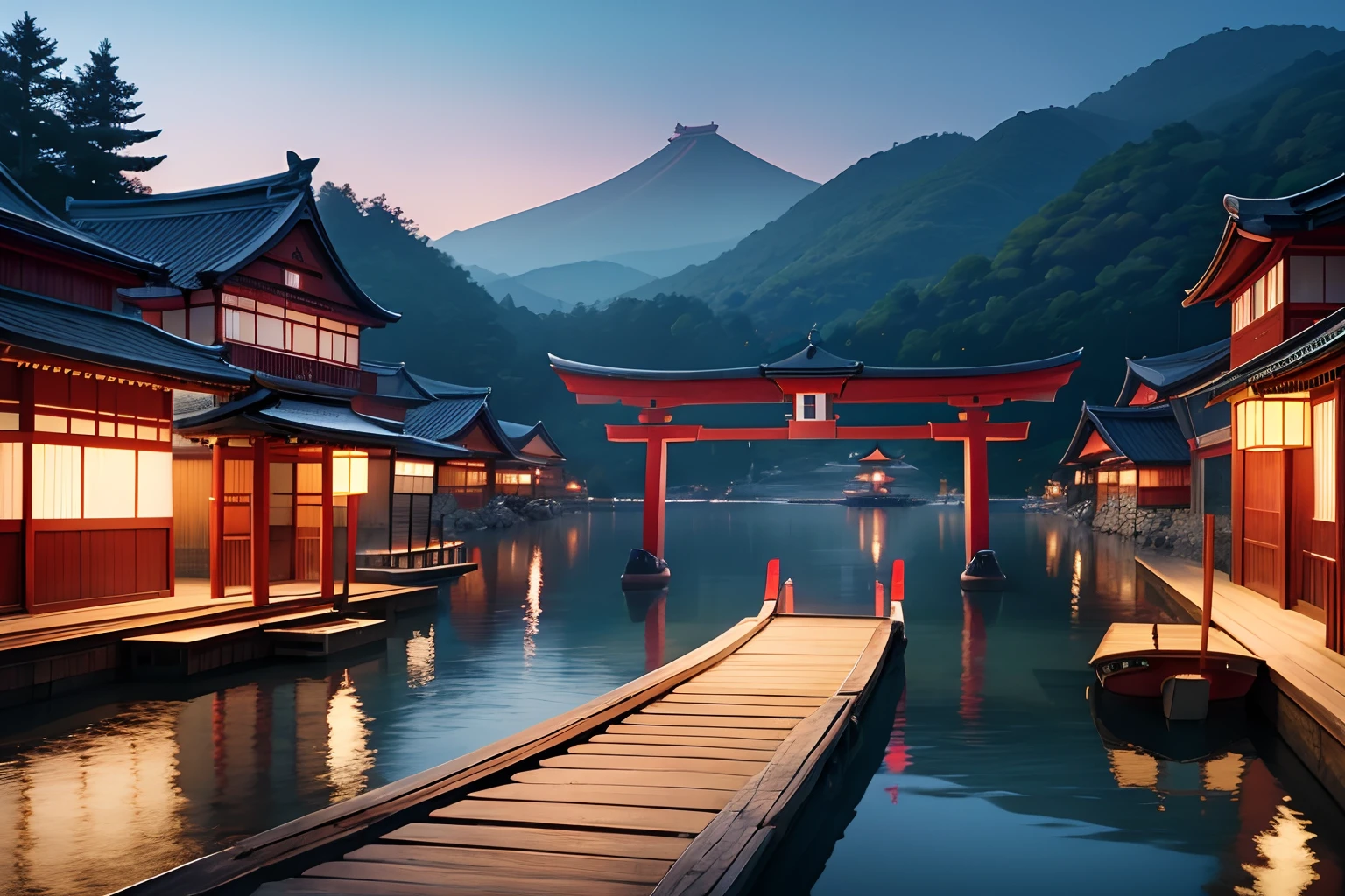 floating town on water, medieval japan, torii gate, landscape, panorama, 8K, detailed, top quality