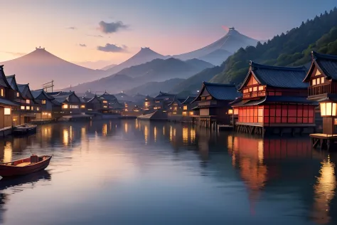 floating town on water, medieval japan, landscape, panorama, 8K, detailed, top quality