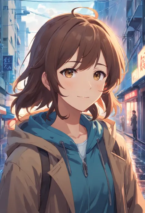 a man, Brown wavy hair, rain, Looking down, Smile, teardrop，brown color eyes，grievance，Love, Blue raincoat, Hood up, Town，In the daytime，The protagonist stands out 0.6
