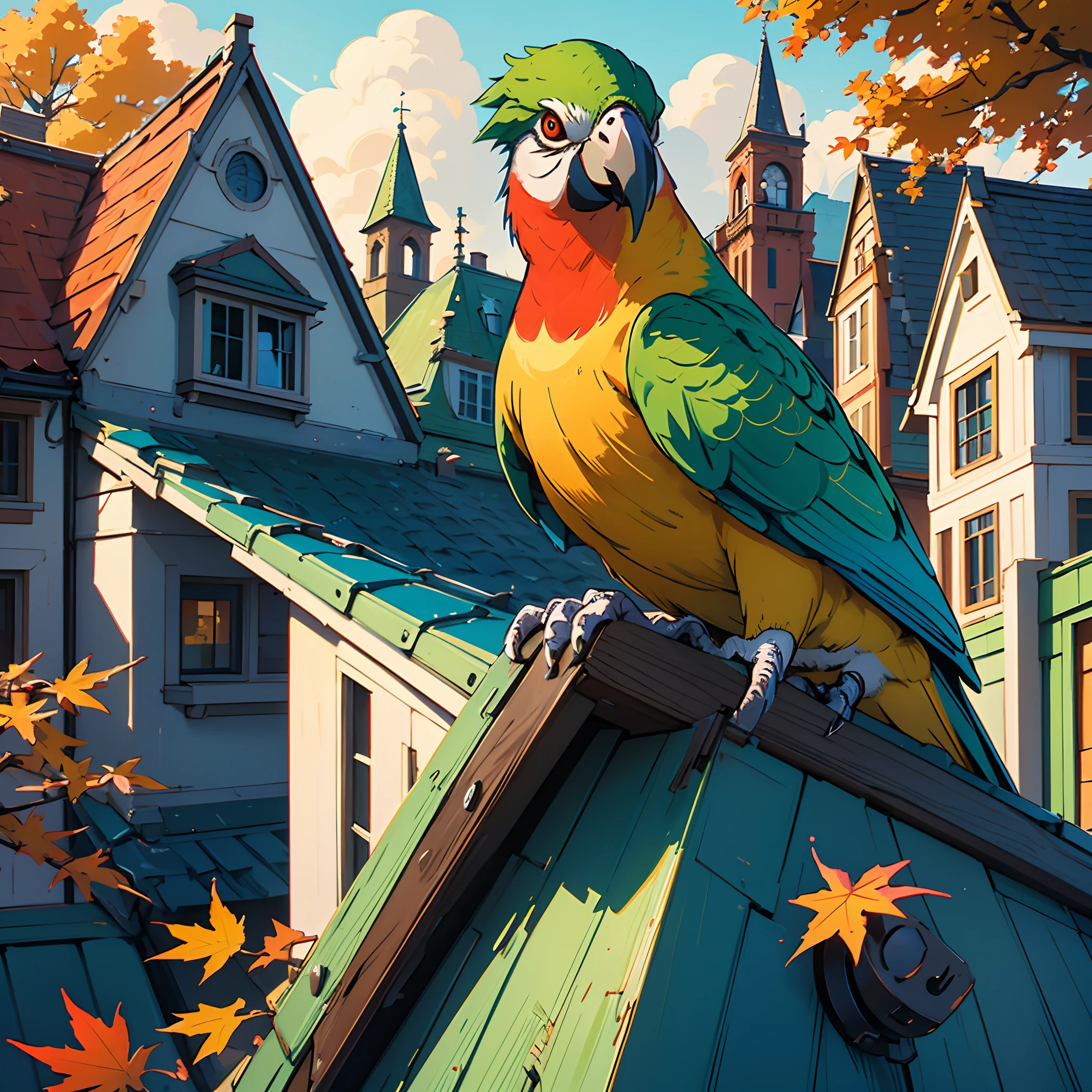 In a pop art style, create a prompt for Stable Diffusion to generate an image of a cute parrot sitting on a roof overlooking a cityscape during the autumn season. The parrot has vibrant feathers and expressive eyes. The cityscape below is filled with colorful buildings and trees adorned in autumn hues. The image should have a nostalgic feel, with warm tones and soft lighting. The quality of the image should be the best, with ultra-detailed features and realistic textures.