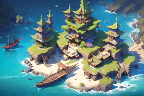 floating [castle:town:0.5] on ocean, medieval japan, landscape, panorama, 8K, detailed, top quality