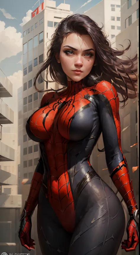 8k, masterpiece, hyper-realistic phitography of a beautiful girl, in spiderman suit, large boobs, boobs out, between high building in newyork city, skyscape, daylight, cloud, cinematic, dramatic lighting, low angle shot.