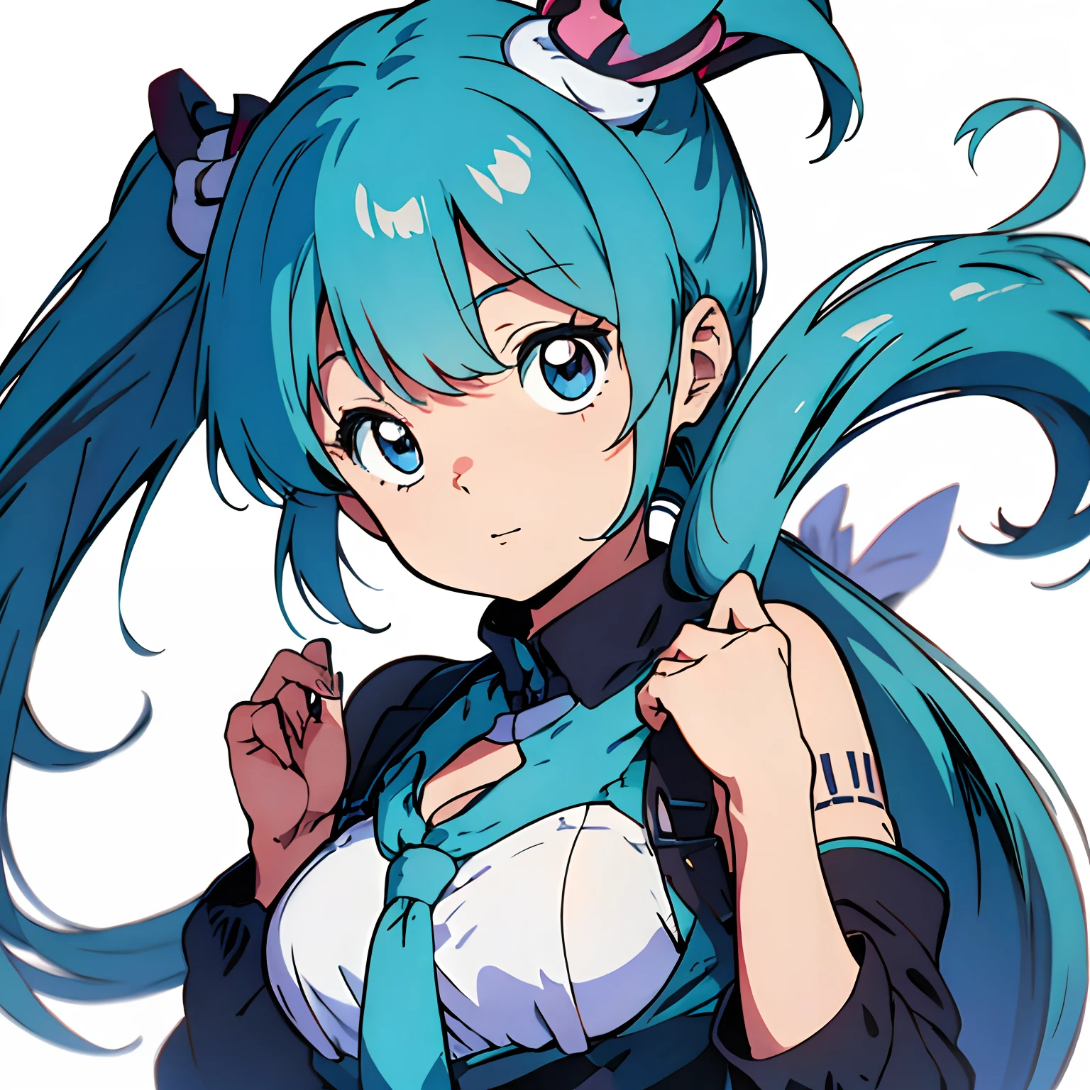 Miku Hatsune、pequeño cofre、ojos grandes、pelo azul、de dos colas、micrófono、Fondo blanco、Ilustración del pecho、pequeño lindo、Estilo Manga Shoujo、sin fondo、ojos grandes