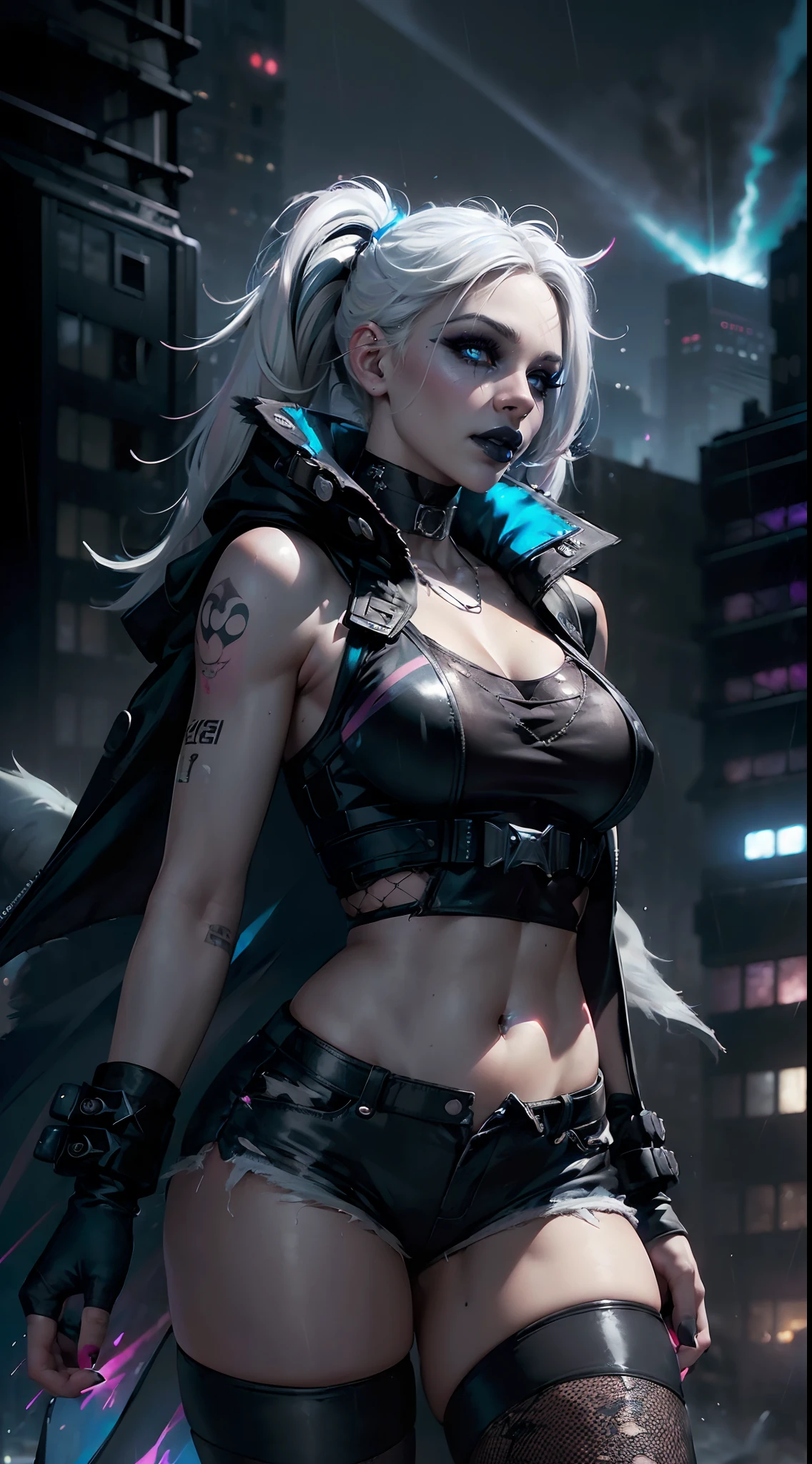 (8k,1080p,realistic skin texture,realistic,masterpiece, best quality,high-res,HDR:1.5), Harley Quinn,((crazy)),ear pendants,necklace,((white skin:1.2)),((tattoos:1.2)),((makeup:1.4)),((laughing:1.3)),parted lips,beauty,delicate face,beautiful face,perfect face,shiny skin,long eyelashes,(((smoky eyes,eye-shadow:1.3))),((twintails)),((white hair,blue pink white highlights hair:1.4)),(((black coat:1.6))),((white tank top:1.3,short shorts,fishnet thighs stockings:1.2))),(torn clothes:1.2),clawed hands, bright eyes,((black lipstick:1.5)),gigantic breasts,slim waist,wide hips,bubble butt, ((in the Gotham city,ruined city,high detailed background:1.2)),((explosion everywhere:1.3)),(((warfire everywhere))),Helicopters flying in the sky,bright lighting,bright colors,film filter,alluring,sultry pose,dynamic shot,((dirty on skin)),labret,close-up face,(rain),fierce wind,((glowing eyes:1.3))