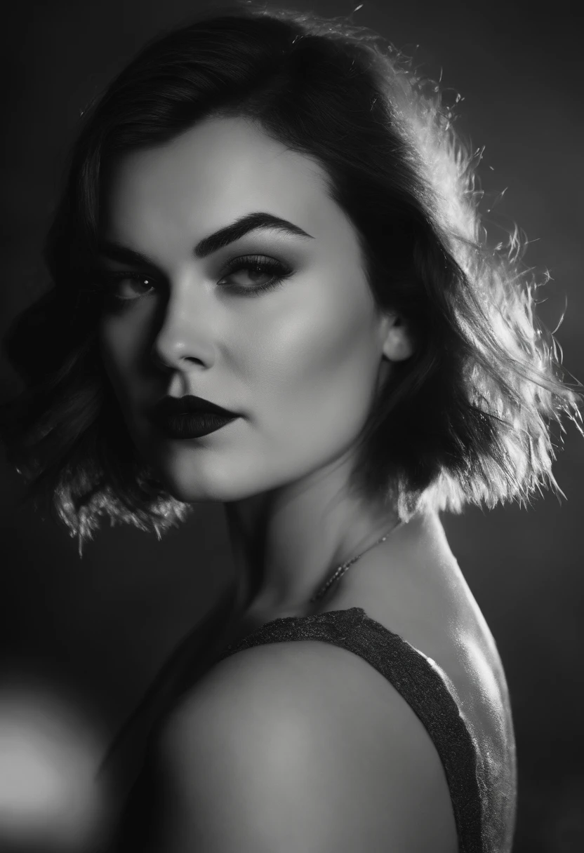 Portrait of a fat Sasha Grey, (((photorealistic), (grayscale:1.2),  (photography), (best quality:1.5), (shredded and cropped hair),  face close, 80mm, soft focus , film grain:1.2, delicate makeup, dark matte lipstick,  her