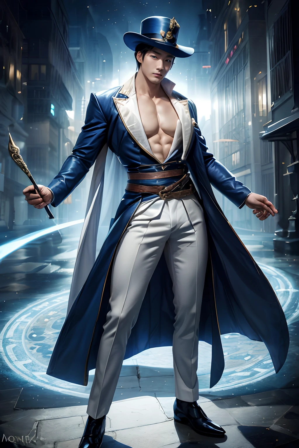 1 Korean man, 25 yo, solo, masterpiece, perfect face, muscular body, full body, (bare chest), (bare chest), muscular chest, abs, detailed tailcoat, monocle, hat, short hair, pretty blue eyes, perfect hands, gloves, strict and dynamic posture, staff, nardack, magic city background, with magic circles, background rays