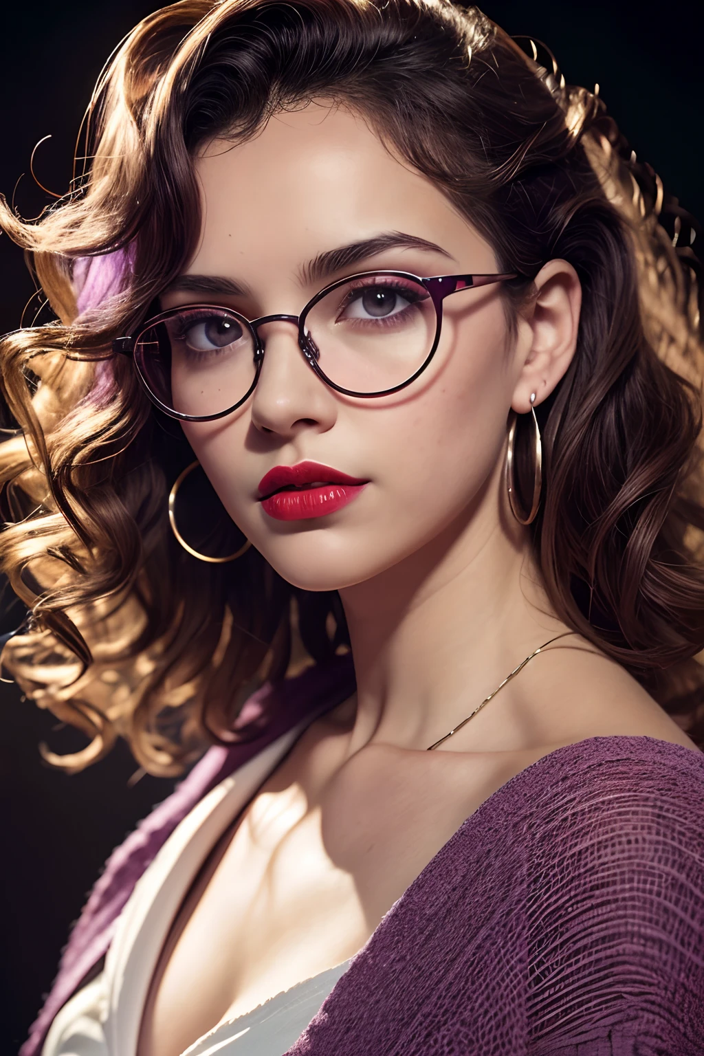 slightly curly hair, Frameless glasses, small spots under the corners of the mouth, / Pay attention to lilac earrings, slightly closed mouth, red-lips, surrealism, high detail, Strong chiaroscuro, film grains, the panorama, extra high resolution, Precise, Textured skin.