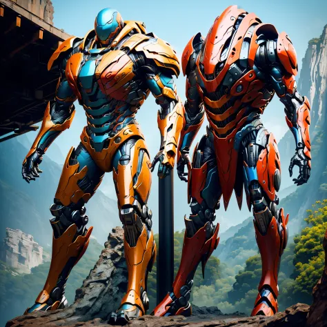 a metal Mech, In the style of acrobat, transparent skin, carbon fiber and titanium textures, multi colored intricate very detailed muscle fibers, Fibonacci armor, 3d rendered, red green blue and orange, photorealistic, vivid colors, cyberpunk, super streng...