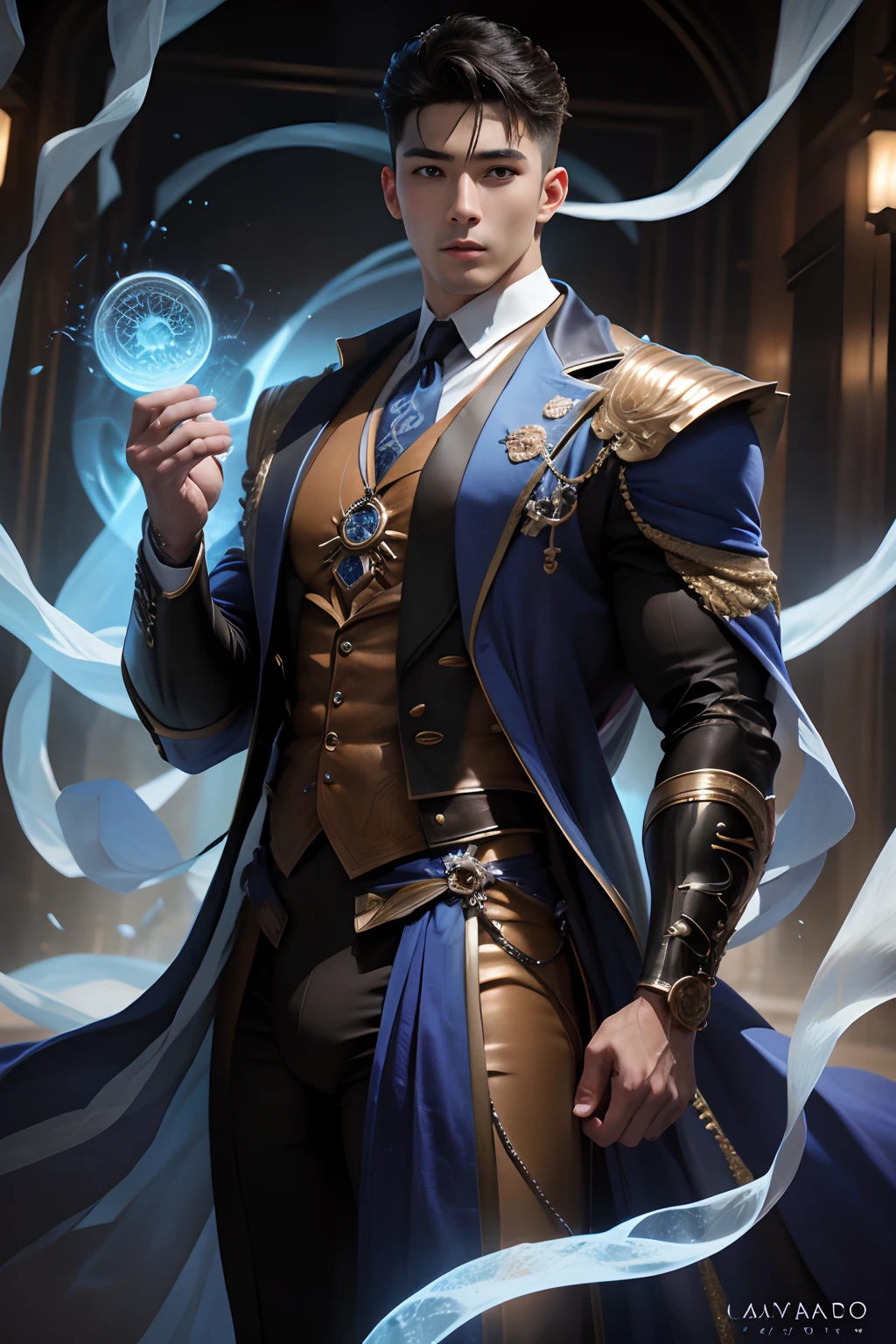 1 korean man, the 20s, only, Masterpiece, Perfect face, muscled body, whole body, (bare chest), (bare chest), muscular chest, abs, detailed tailcoat, monocle, has, short hair, pretty blue eyes, perfect hands, gloves, Strict and dynamic posture, personal, Nardack, Magic City Fund, with magic circles, background rays