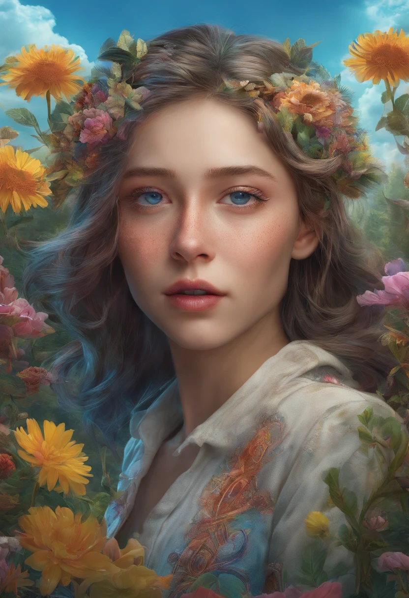 (Need)), ((tmasterpiece)), (A detailed), Close-up portrait of a transparent girl composed of mountain forest steppe,Sky rainbow background，Detailed rainbow,blue-sky，（Doubleexposure：1.3），photography of：Brandon Woelfelmist，Surreal dreams，Surrealist art fantasy style，Epic digital fantasy art style