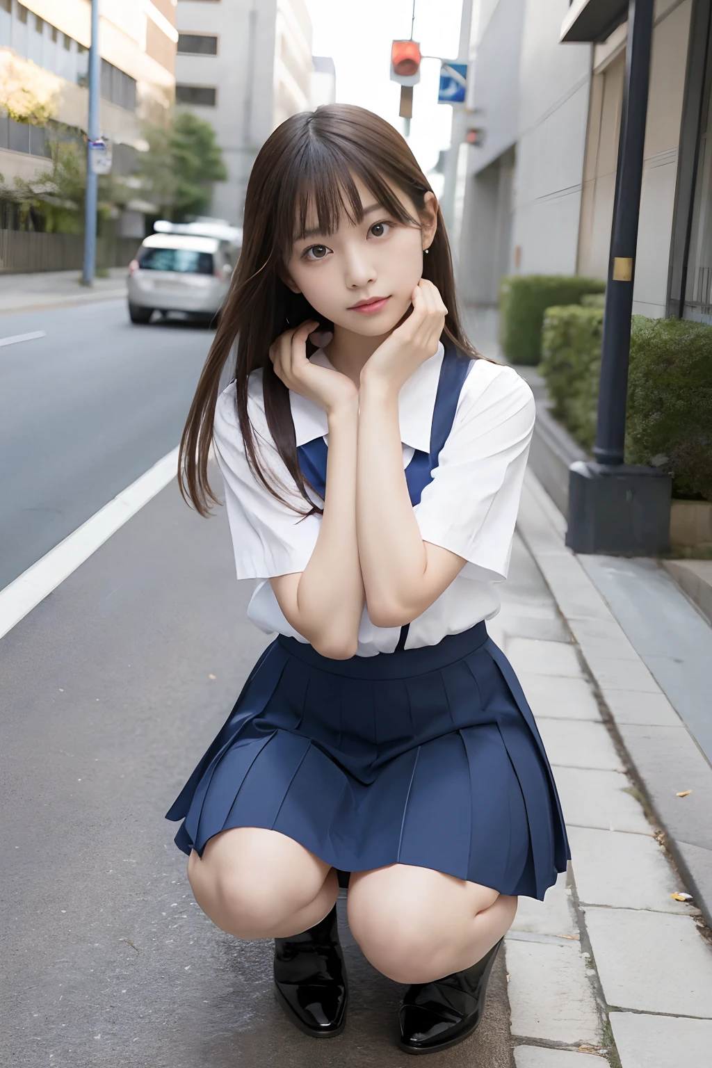 Arafed asian woman in a school uniform crouching down on the sidewalk ...