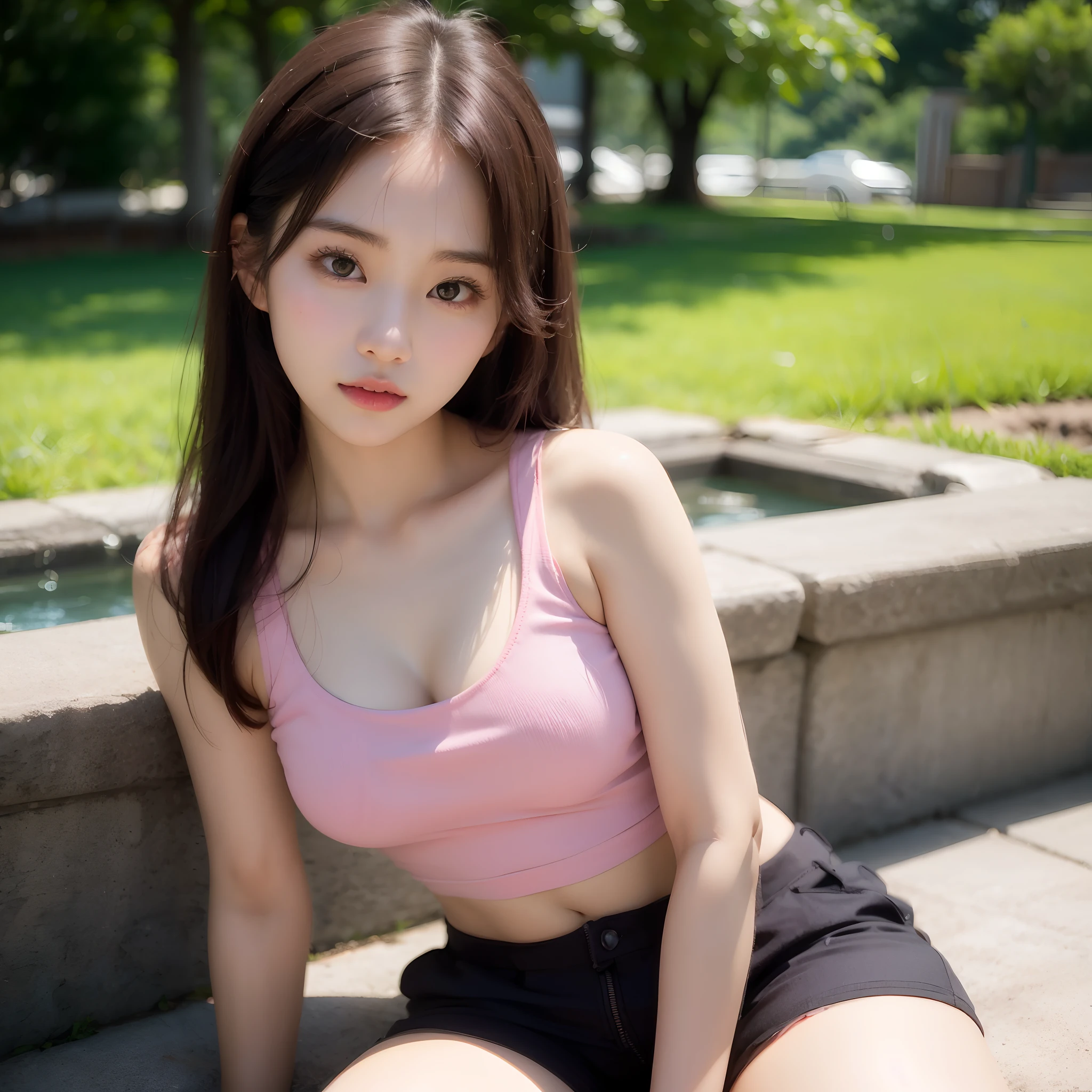 arafed asian woman in a pink top and black shorts posing for a picture ...