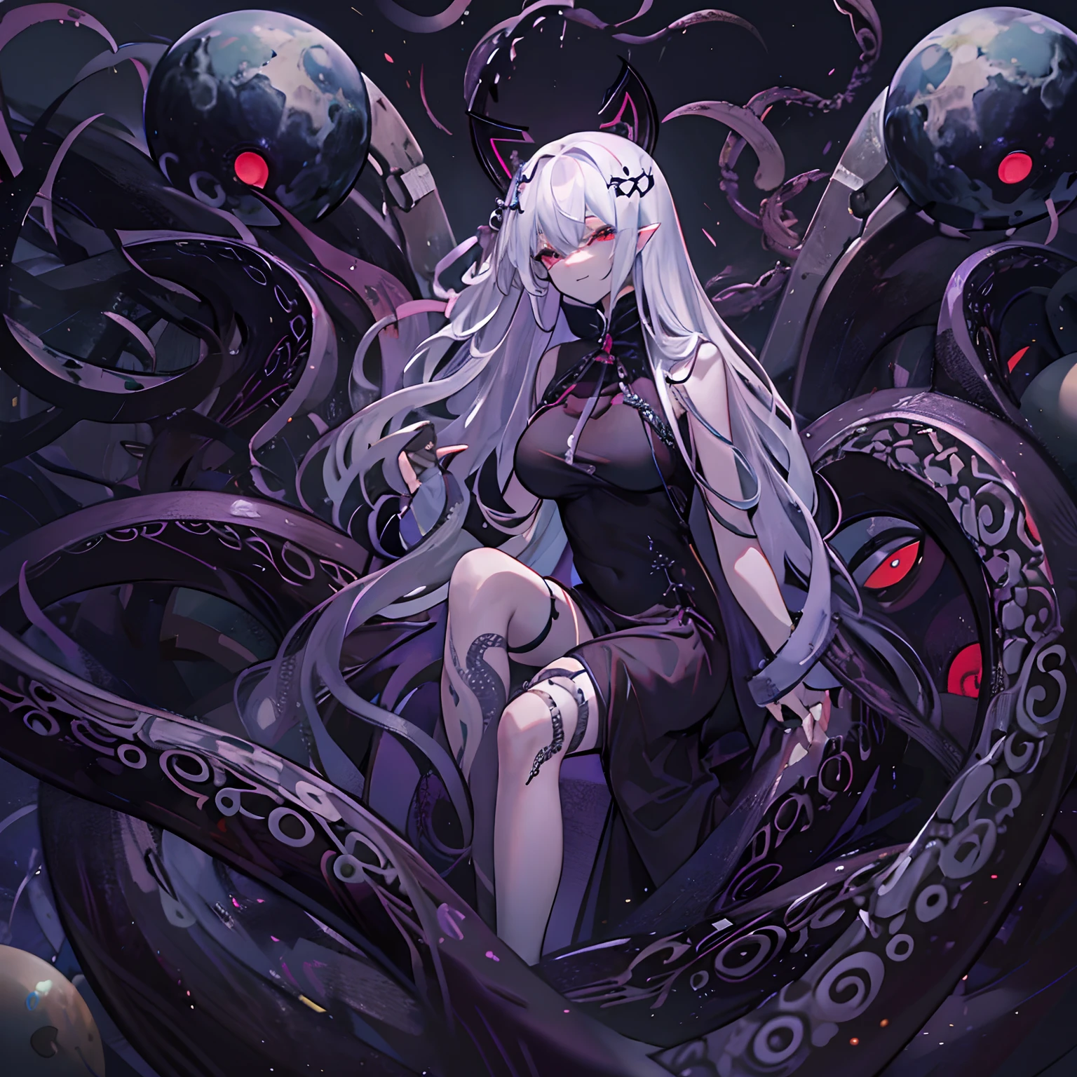 Deusa do mal dos cabelos brancos despidos，Usando meias pretas。A Deusa do Mal estendeu seus tentáculos，Os tentáculos enfiaram um planeta no corpo da deusa  。A deusa do mal sorriu doentiamente。