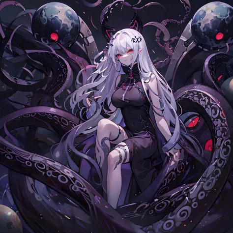Undressed white hair evil goddess，Wearing black stockings。The Evil Goddess stretched out her tentacles，The tentacles stuffed a planet into the body of the goddess  。The evil goddess smiled sickly。