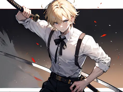 young man, messy blonde hair, short hair, masculine face, white collared short, dark pants, holding a katana, old rusted katana,...