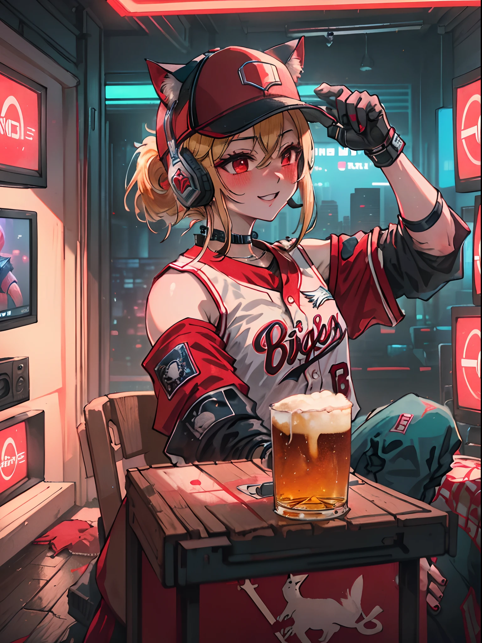 Flare-On、(​masterpiece、top-quality:1.2), 独奏, 1girl in, piper, A smile, Watching TV, （Nailed to the TV、Drinking beer、Cheers、Excited look:1.2), blonde  hair,  Fingerless gloves, ((Cat's ears, no sleeves, Crimson Red Baseball Cap、Crimson Red Baseball Uniforms,"eagles"And printed:1.2)), (blondehair, short ponytail hair,Wearing a headset,Being drunk、blushed),((Cyberpunk Room:1.2)),On a dark night