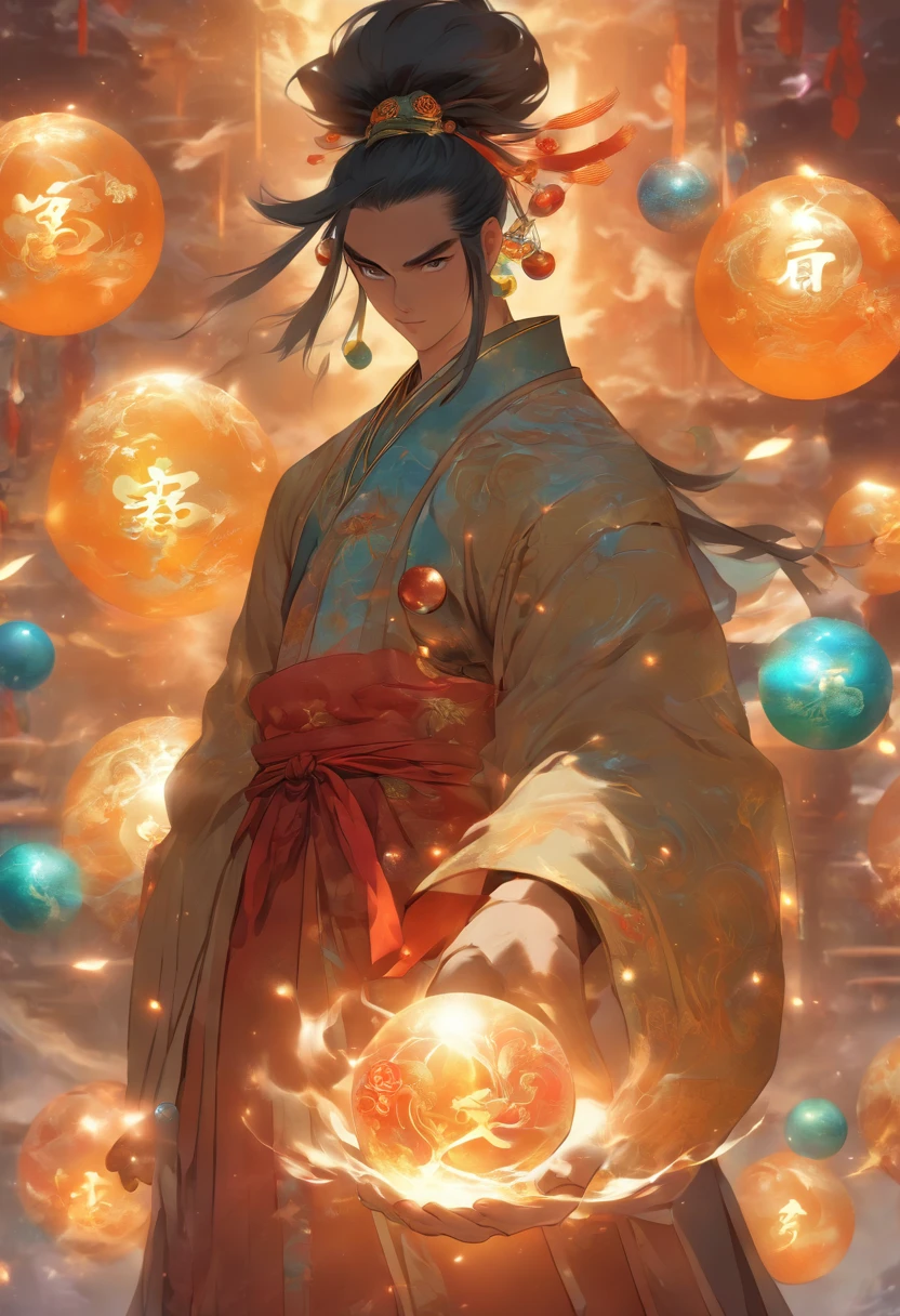 (((Chinese MAN holding spheres))) Best Quality, Ultra-High Resolution, 4K Detailed CG, Masterpiece, PANGU,Giant,Black Hair,Axe,Galaxies,Universe,Chinese Mythology, Chinese Painting Style, Shui mo Hua, Thangka Style,Aesthetics, Beautiful Image, Depth of Field, Centered on Screen