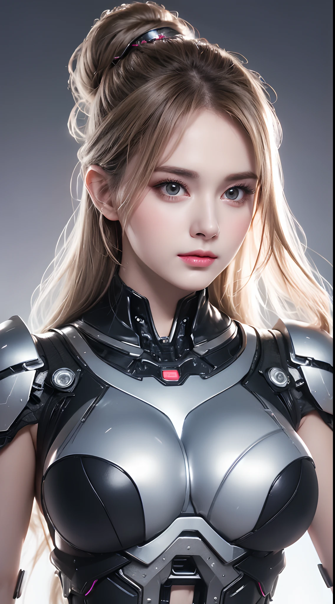 A close-up head and chest portrait of a pretty and cute woman, her chest adorned with pneumatic tubes that give her a unique and futuristic appearance. The highly detailed digital rendering captures every aspect of her beauty, from her delicate features to the intricate tubes.