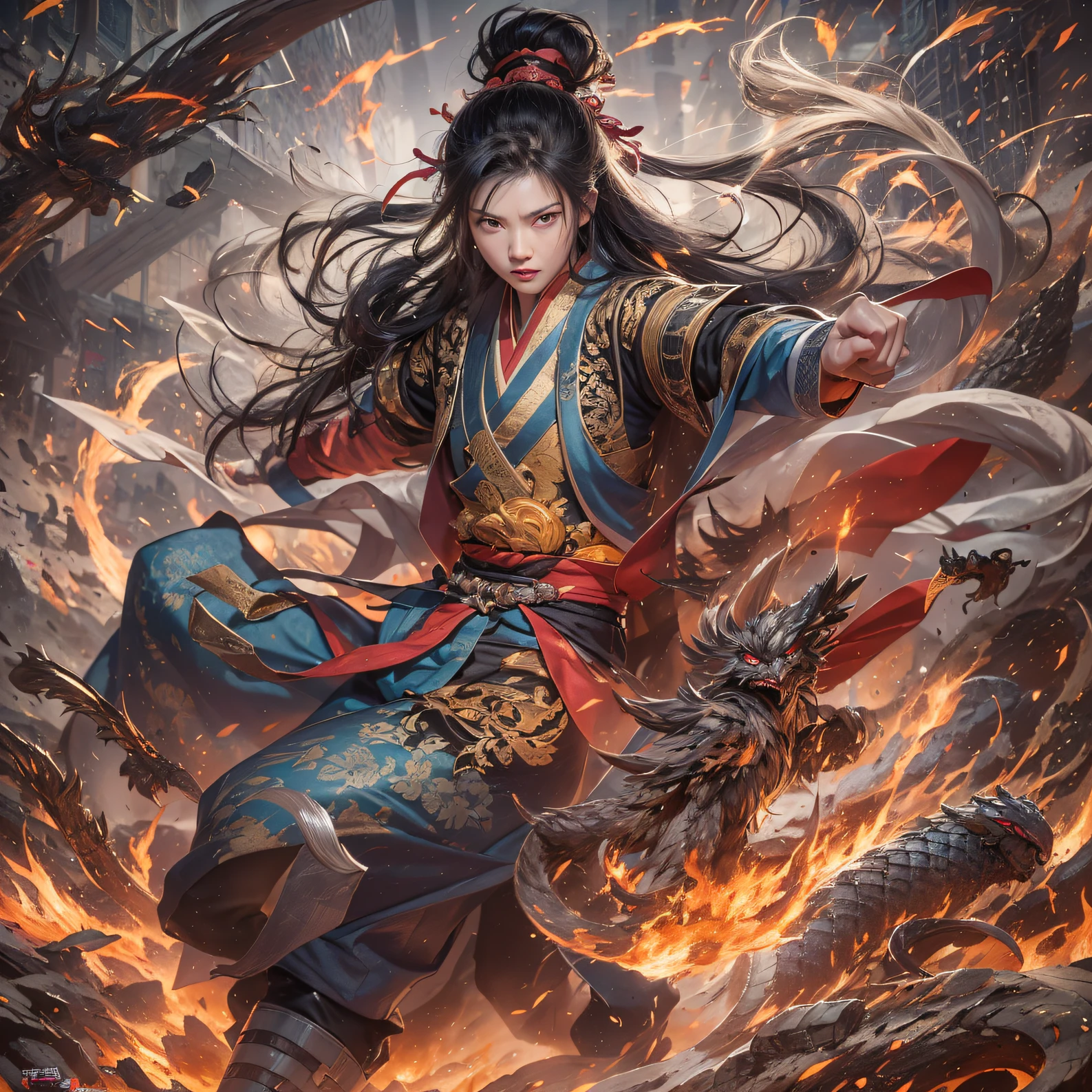 In order to obtain the oracle of fate, Demons invade the Aoba family，The leader of the demon clan personally went down to fight Ye Xingyun, But in the end, He was defeated by Ye Xingyun in one move, At the same time, King Qi, Jiang Shang, Come to Ningcheng，Finally recognized Ye Xingyun's father and son, And found that Ye Xingyun is a rare eight-vein missing constitution, This is extremely beneficial to cultivating the Jiang Family Ancestor Extreme Heavenly Dao Skill。。, But just when Ye Xingyun was taught by King Qi Xiuwei。，In terms of improving self-cultivation, The mysterious woman An Yun suddenly appeared, In order to get the Nine Heavens Goddess Diagram on Ye Xingyun's body。。。, She took it away with valve technology, but accidentally got involved in the grudge between the demon and Ye Xingyun。（Colorful ruins）Climb the streets（Armageddon）eyes filled with angry，He clenched his fists，Rush up，Deliver a fatal blow to your opponent，full bodyesbian，Full Body Male Mage 32K（tmasterpiece，Color Ultra HD）Long flowing black hair，Campsite size，zydink， The wounded lined up in the streets（Doomsday ruins）Climb the streets， The scene of the explosion（Doomsday ruins）， （Linen batik scarf）， Angry fighting stance， looking at the ground， Batik linen bandana， Chinese python pattern long-sleeved garment， rainbowing（Abstract propylene splash：1.2）， Dark clouds lightning background，Flour flies（realisticlying：1.4），Black color hair，Flour fluttering，rainbow background， A high resolution， the detail， RAW photogr， Sharp Re， Nikon D850 Film Stock Photo by Jefferies Lee 4 Kodak Portra 400 Camera F1.6 shots, Rich colors, ultra-realistic vivid textures, Dramatic lighting, Unreal Engine Art Station Trend, cinestir 800，Flowing black hair,（（（morningglow）））The wounded lined up in the streets（Color）Climb the streets，（Linen batik scarf）， Angry fighting stance， looking at the ground， Batik linen bandana， Chinese python pattern long-sleeved garment， （Abstract propylene splash：1.2）（（（dense smoke））），The male