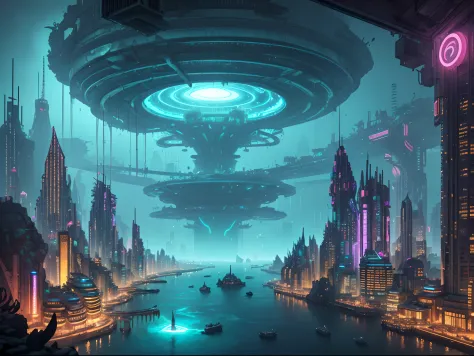 "(underwater_city),descend into a submerged metropolis, where the city's architecture is a fusion of sleek cybernetics and decay...