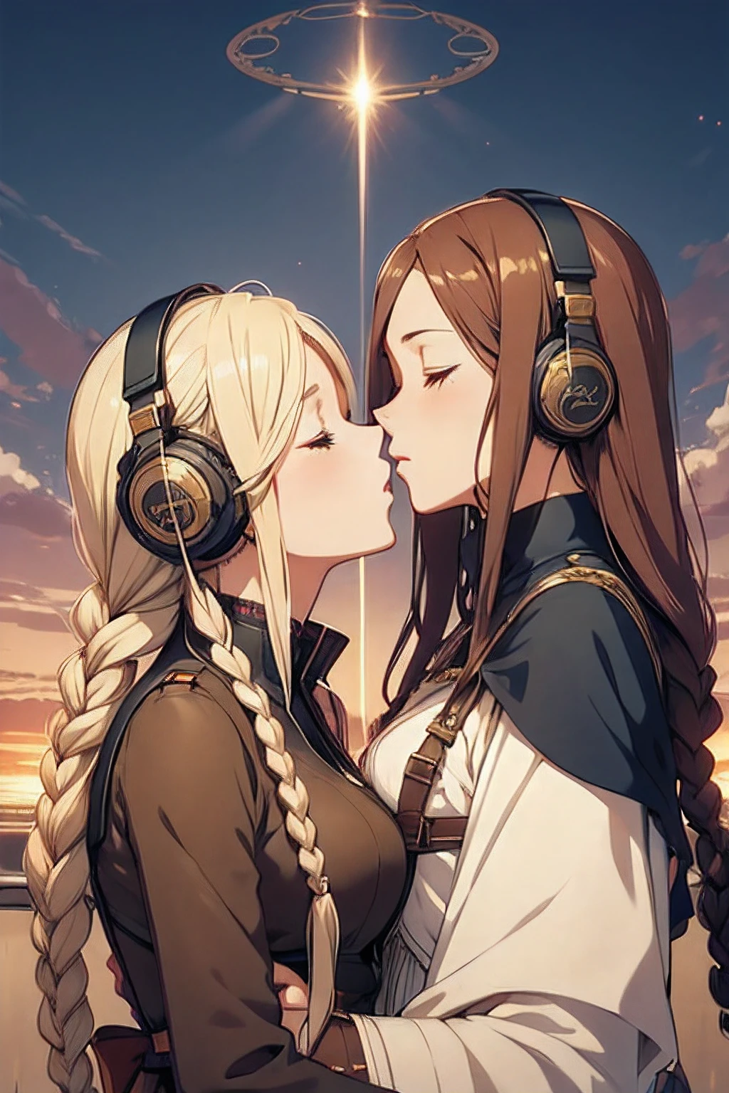 two mature women kissing, eyes closed, on old airplane, sunny, range murata, last exile, steampunk, decorative headphones, very long flowing hair, braided hair, hair decorations, golden halo, art nouveau, undressing, beautiful sky