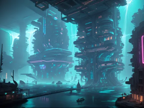 "(Underwater_City),(underwater_world),Descend into a submerged metropolis, where the city's architecture is a fusion of sleek cybernetics and decaying ruins. The water's currents carry whispers of a forgotten past, while the neon lights and holographic pro...
