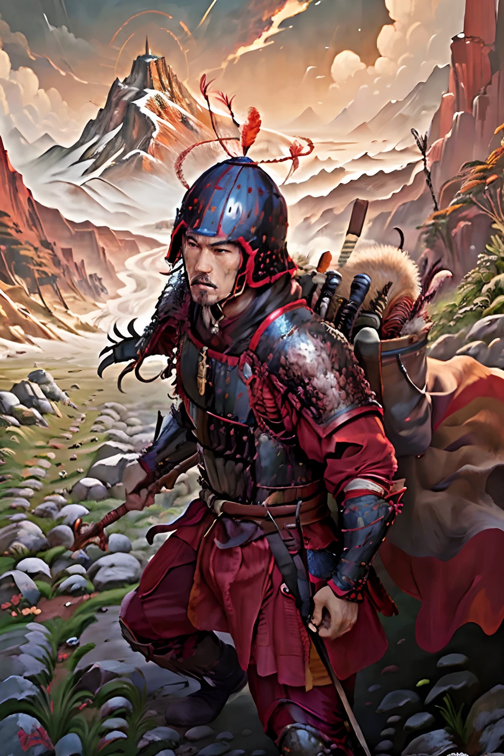 Portrait de Tran Hung Dao en armure de combat et casque, expression féroce et déterminée, montagnes et jungle en arrière-plan - peinture à l&#39;huile