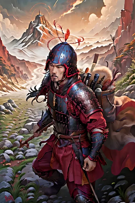 Portrait of Tran Hung Dao in battle armor and helmet, fierce determined expression, mountains and jungle in background - oil pai...