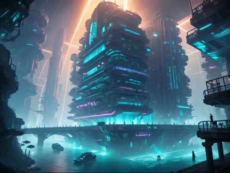 "(Underwater_City),(underwater_world),Descend into a submerged metropolis, where the city's architecture is a fusion of sleek cybernetics and decaying ruins. The water's currents carry whispers of a forgotten past, while the neon lights and holographic pro...