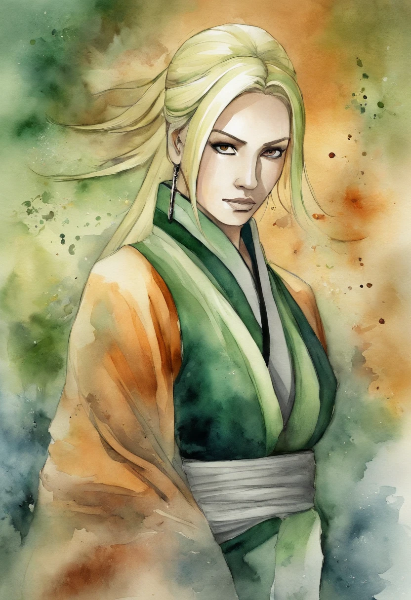 A painting of a woman with blonde hair and green and orange outfit - SeaArt  AI