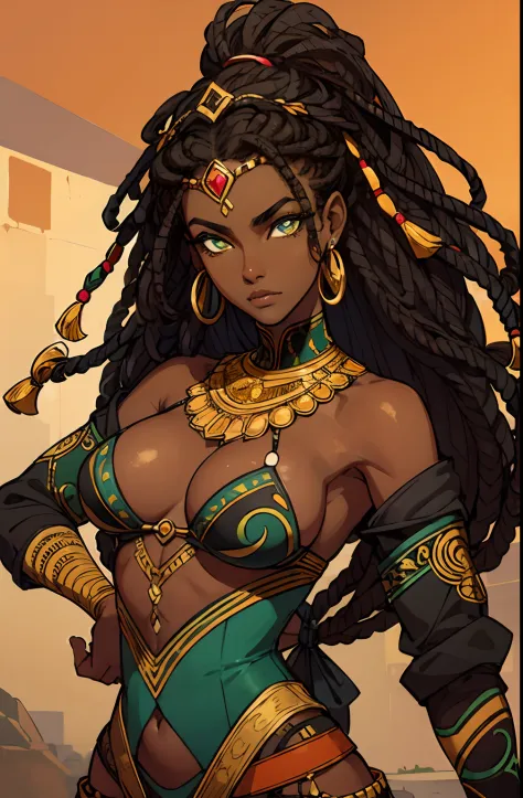 dark skin, ebony, deep ebony woman. African Hair. Dread Hair. Green Eyes. Tribal Fighting Clothed. Golden Details