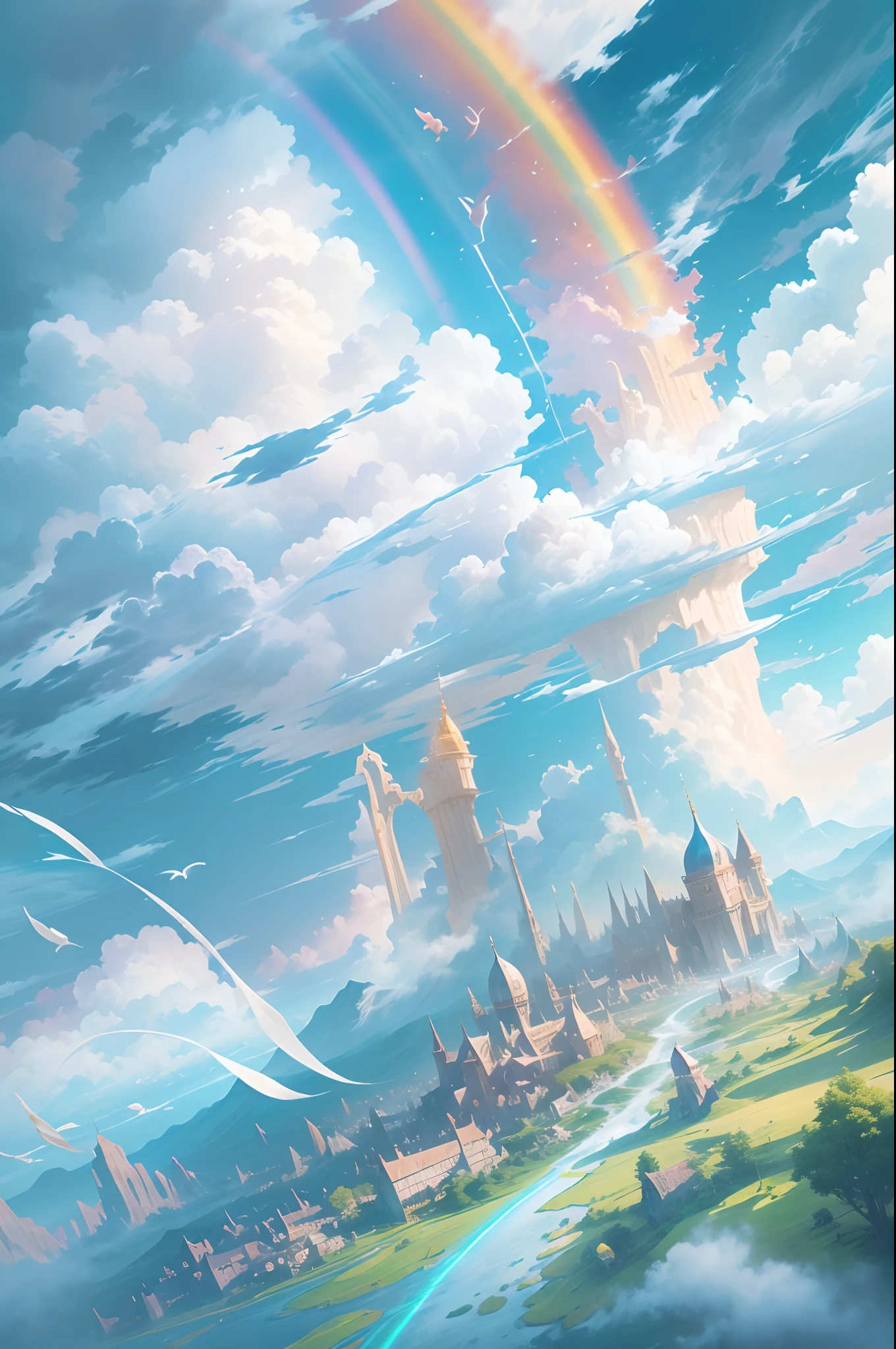 Anime scenery with rainbow and castle in the sky - SeaArt AI