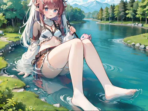 1girll，Clouds， ln the forest，mountain ranges，koyama， Small lake，Masterpiece, Best quality, Highly detailed,Masterpiece,Best quality,offcial art,Extremely detailed Cg Unity 8K wallpaper，{{{Giantess}}}，Giant，Miniature village，without wearing shoes，smiling ex...